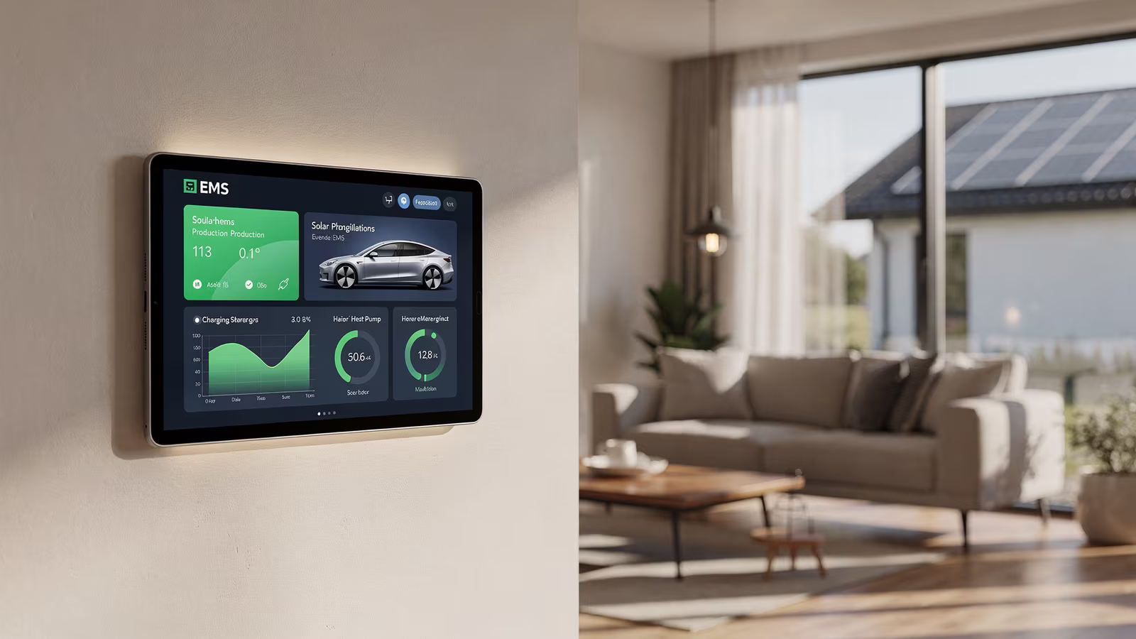 Wandbedienteil eines Energiemanagementsystems mit Ladevorgang, Wärmepumpe und Solarertrag