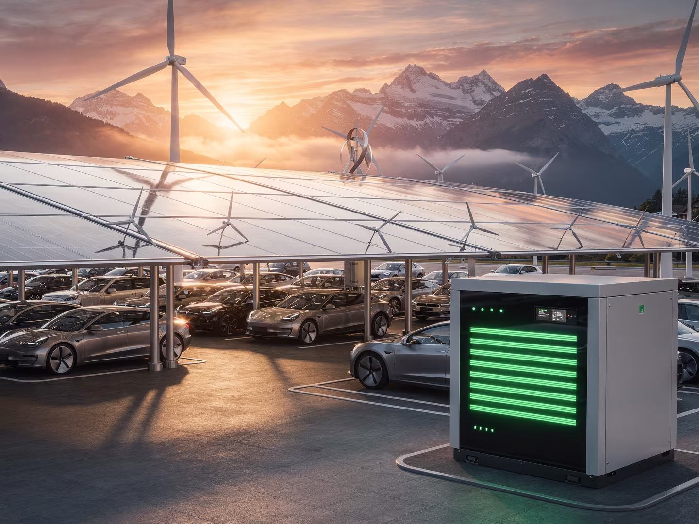 Solar-Carport über einem vollen Parkfeld in der Abendsonne, daneben ein grün leuchtender Batteriespeicher, im Hintergrund Windräder