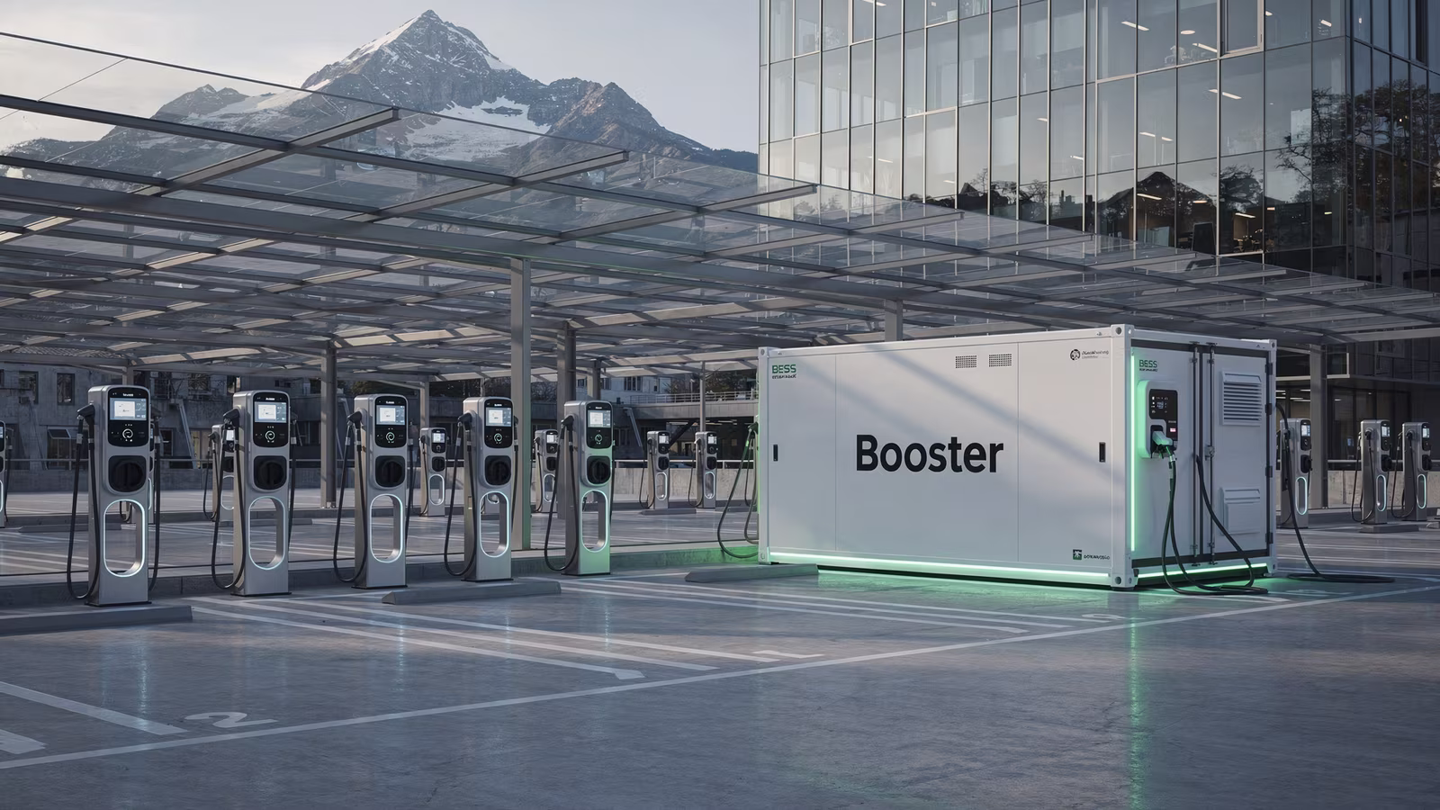 Batteriespeicher in Containerbauweise neben einer überdachten Ladestrasse