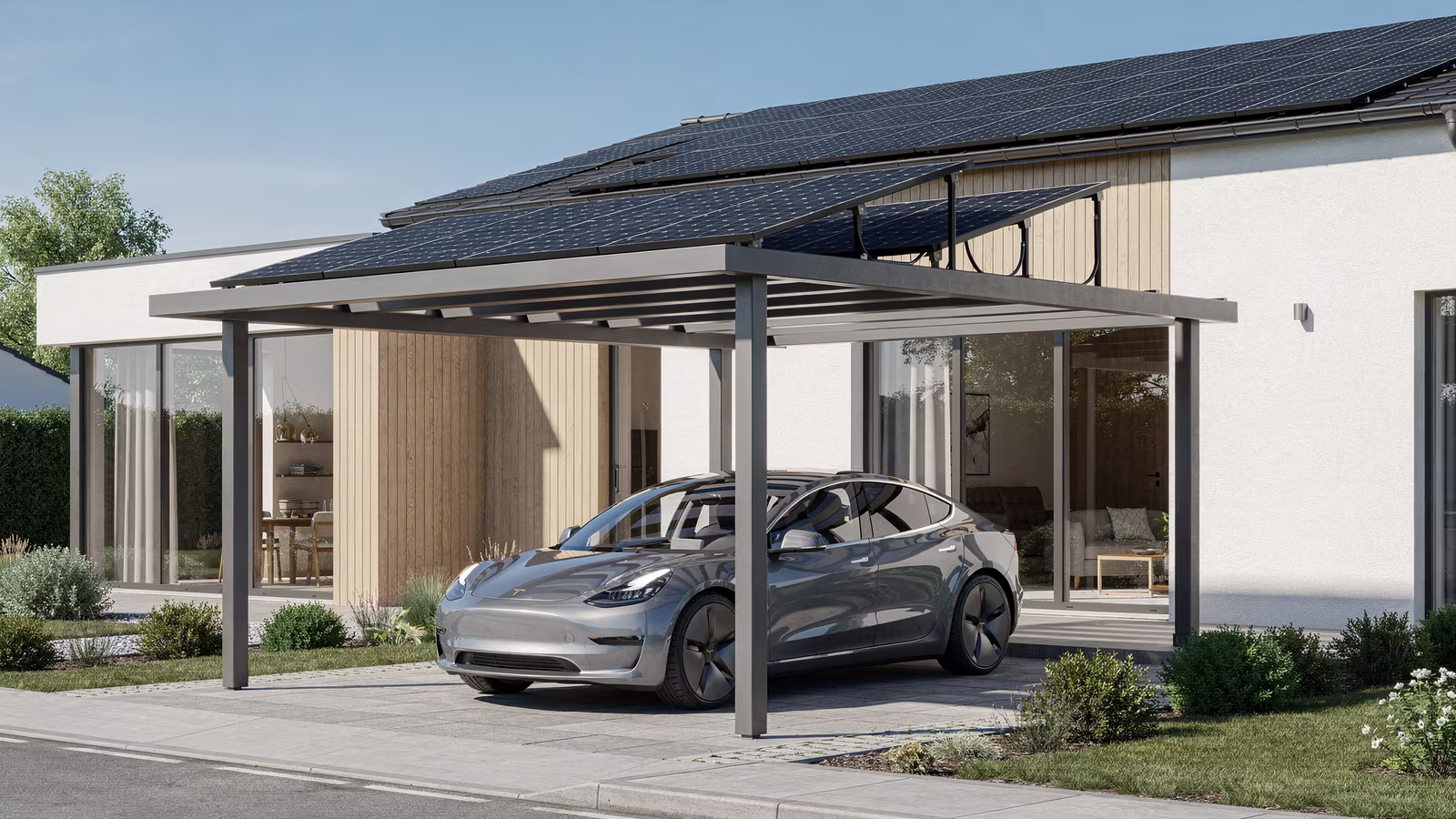 Carport mit Photovoltaik-Dach und Ladepunkt an einem Wohnhaus