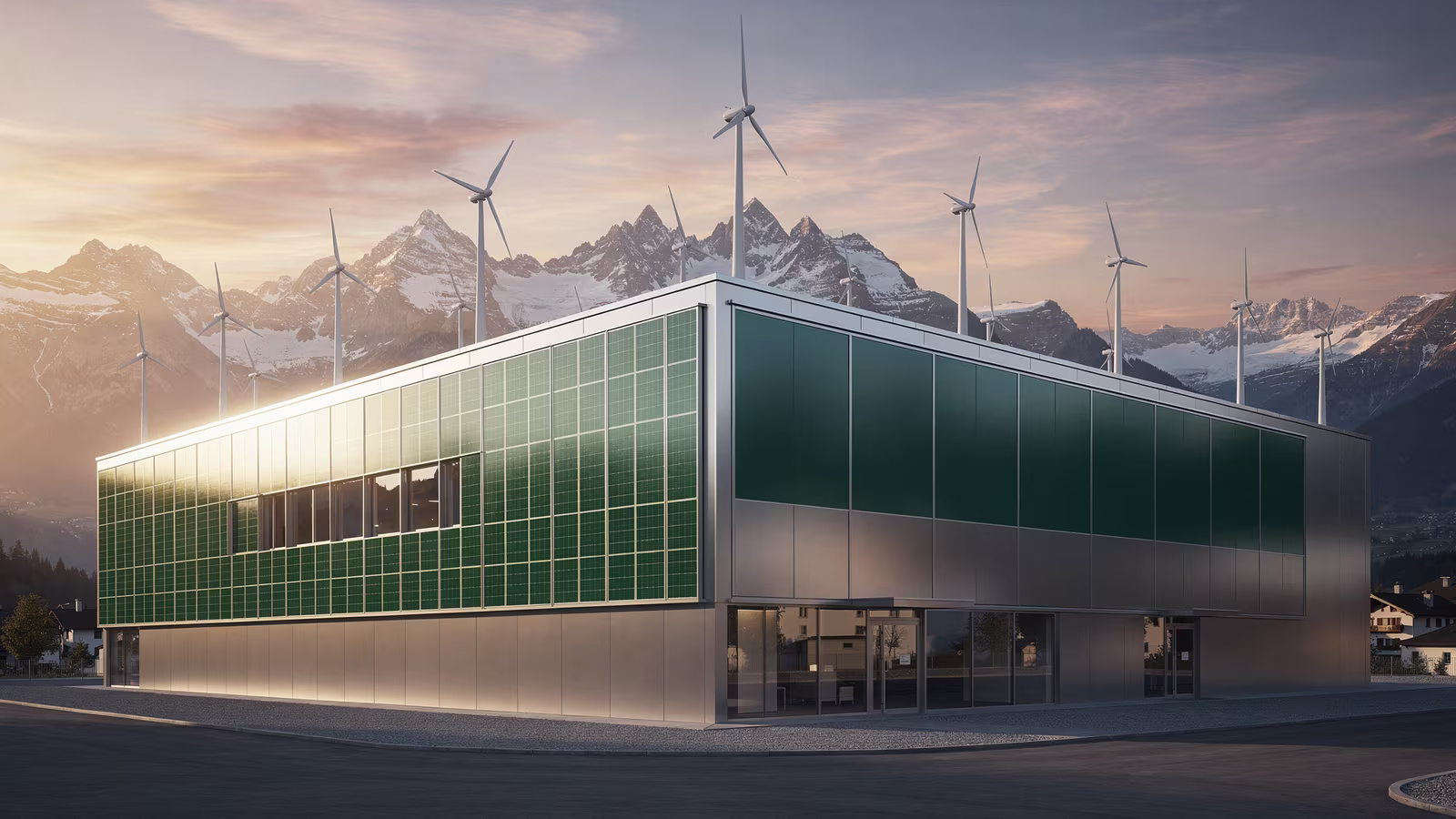Gewerbehalle mit Photovoltaik auf Dach und Fassade