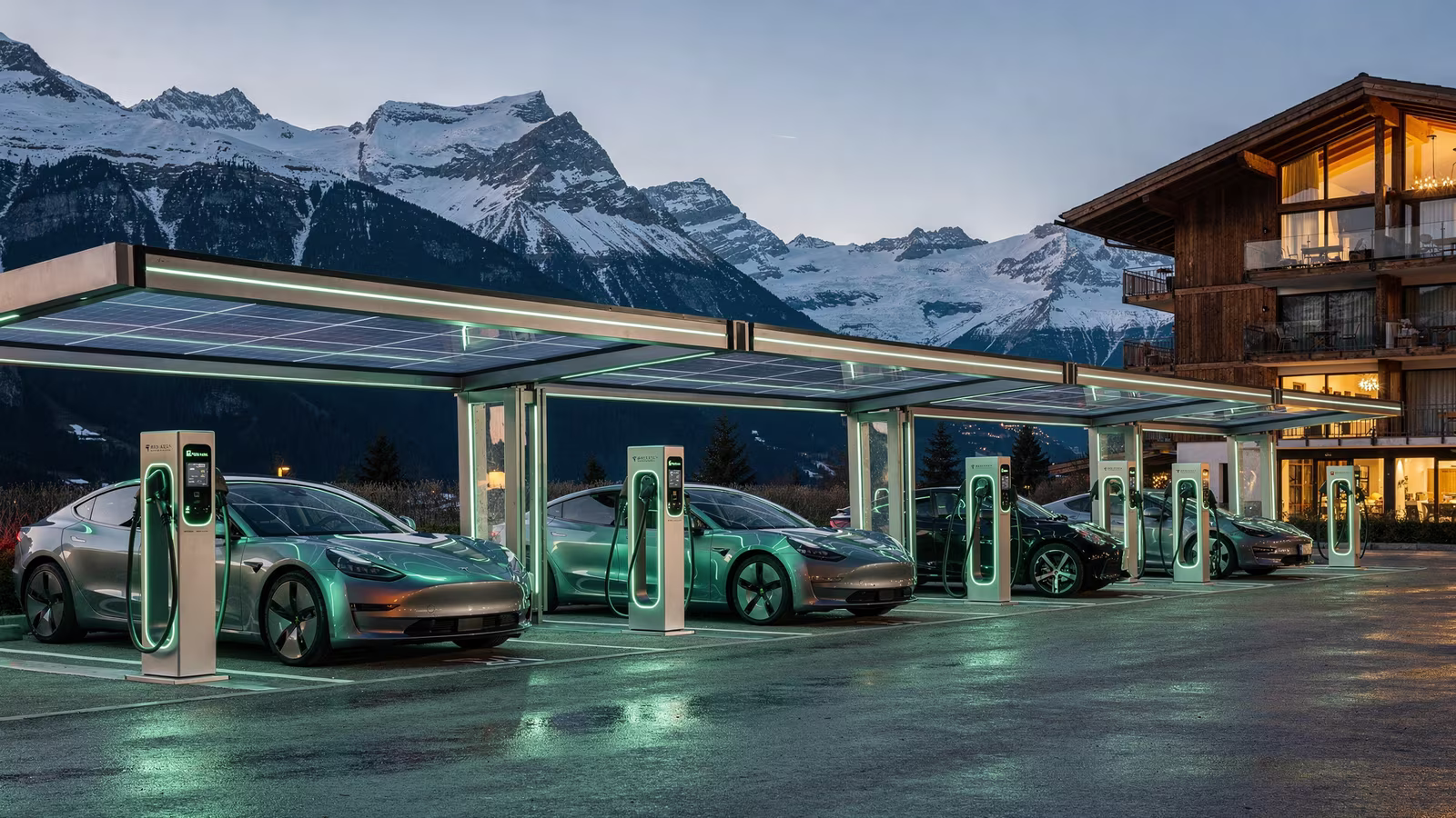 Überdachtes Ladefeld mit Photovoltaik-Dach am Abend, mehrere Fahrzeuge an den Ladepunkten