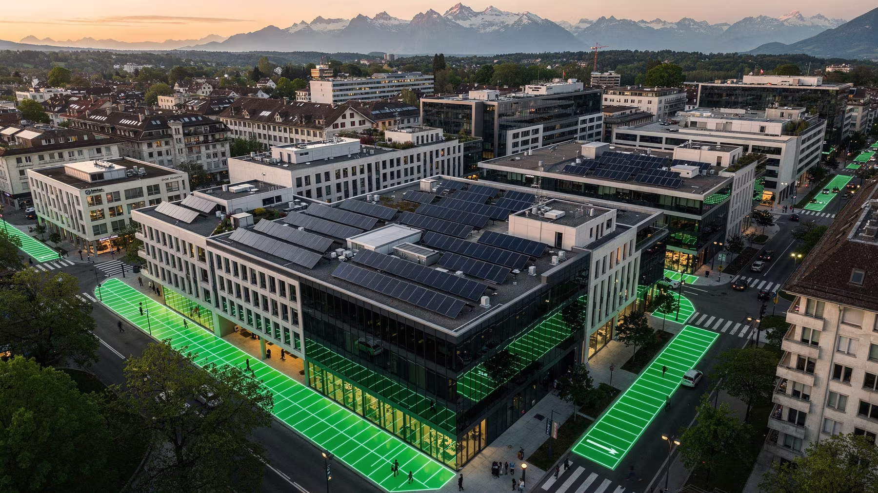 Quartier aus der Vogelperspektive, Dach- und Parkflächen sind grün hervorgehoben