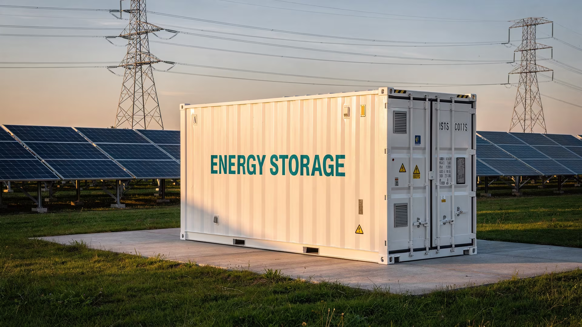 Batteriespeicher in Containerbauweise neben einem Gewerbegebäude