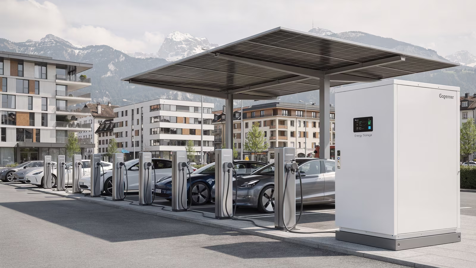 Batteriespeicher als Schrankanlage neben einem überdachten Ladepark