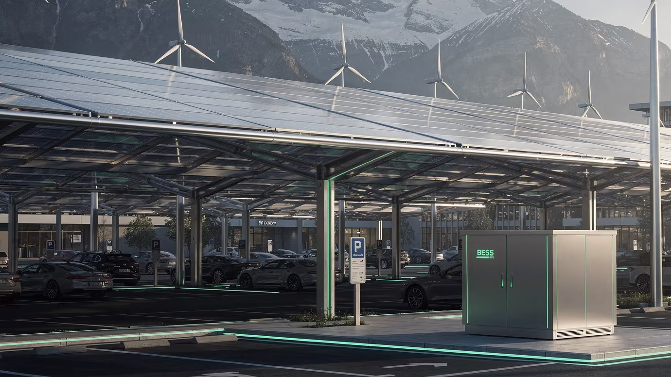 BESS-Batteriespeicher neben einem Parkdeck mit Photovoltaikdach, im Hintergrund Windräder